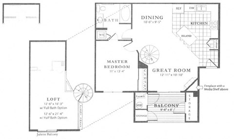 The Belle Meade Loft Floor Plan; A one bedroom, one bathroom apartment floor plan at Fox Run Lofts in Englewood, Colorado